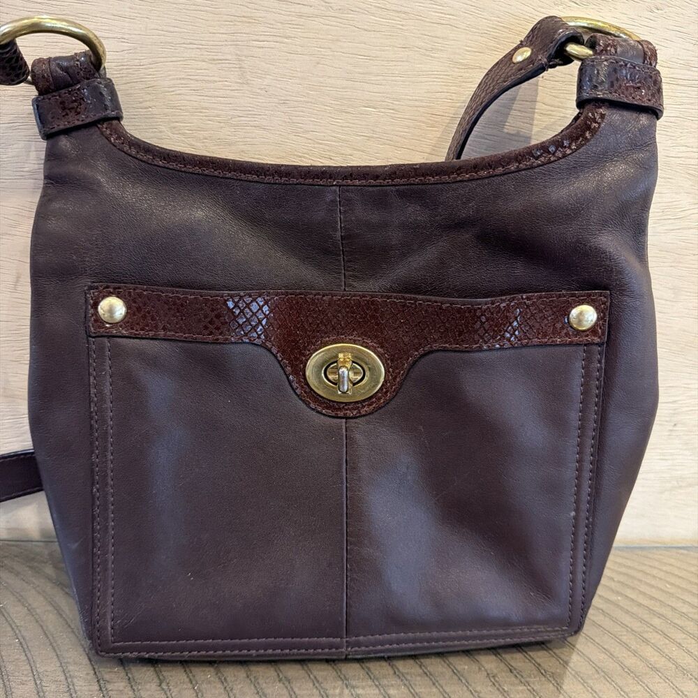 Vtg Brown Leather Turnlock Crossbody Bag Gold Hardware Penelope Snakeskin - Picture 2 of 7